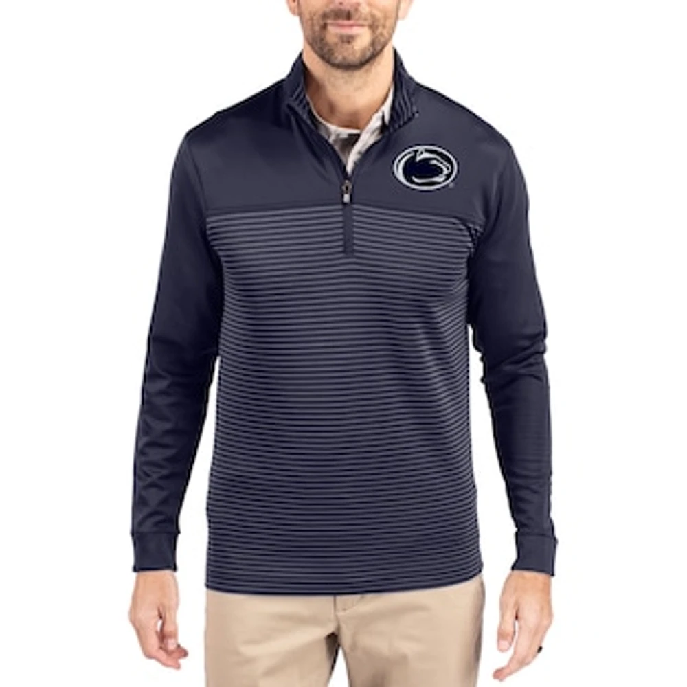 Men's Cutter & Buck Navy Penn State Nittany Lions Traverse Stretch Eco Stripe DryTec Tri-Blend Quarter-Zip Pullover