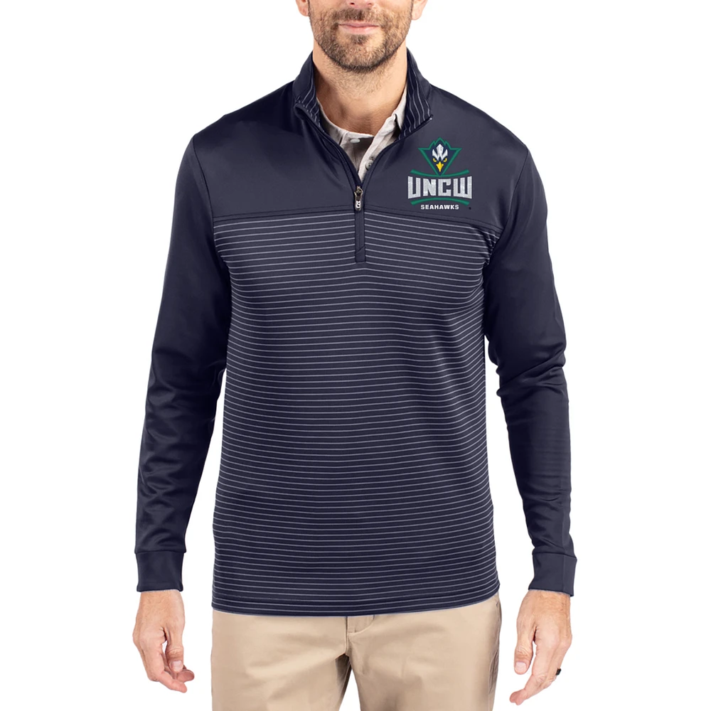 Men's Cutter & Buck Navy UNC Wilmington Seahawks Traverse Stretch Eco Stripe DryTec Tri-Blend Quarter-Zip Pullover