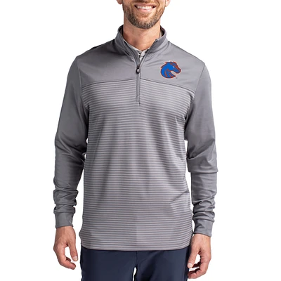 Men's Cutter & Buck Gray Boise State Broncos Traverse Stretch Eco Stripe DryTec Tri-Blend Quarter-Zip Pullover