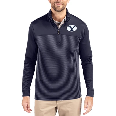 Men's Cutter & Buck Navy BYU Cougars Traverse Stretch Eco Stripe DryTec Tri-Blend Quarter-Zip Pullover