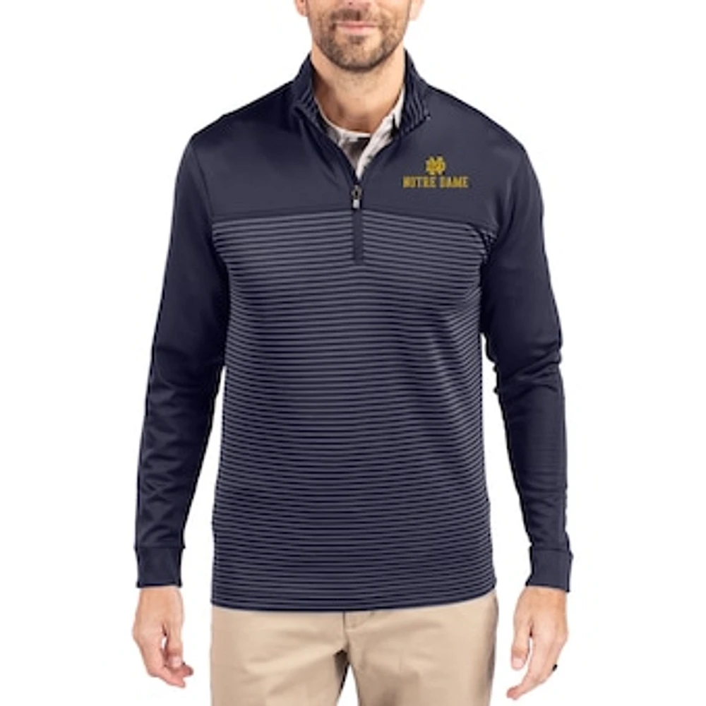 Men's Cutter & Buck Navy Notre Dame Fighting Irish Traverse Stretch Eco Stripe DryTec Tri-Blend Quarter-Zip Pullover