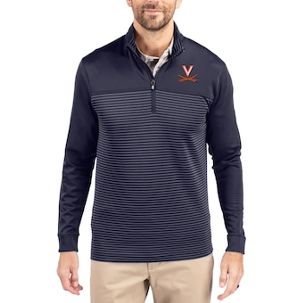 Men's Cutter & Buck Navy Virginia Cavaliers Traverse Stretch Eco Stripe DryTec Tri-Blend Quarter-Zip Pullover