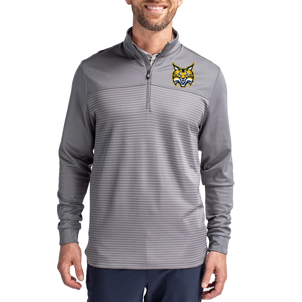 Men's Cutter & Buck Gray Quinnipiac Bobcats Traverse Stretch Eco Stripe DryTec Tri-Blend Quarter-Zip Pullover