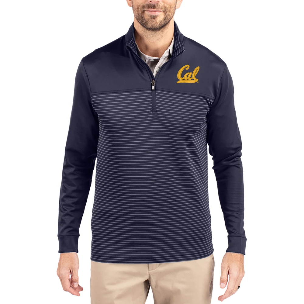 Men's Cutter & Buck Navy Cal Bears Traverse Stretch Eco Stripe DryTec Tri-Blend Quarter-Zip Pullover
