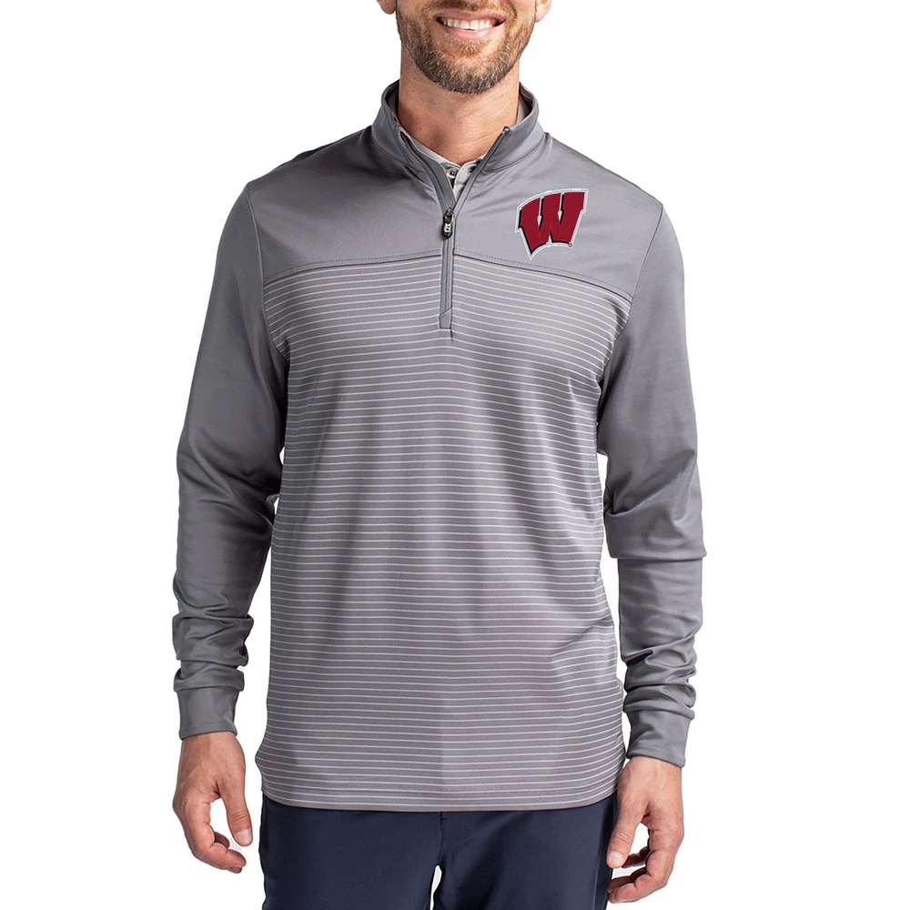 Men's Cutter & Buck Wisconsin Badgers Traverse Stretch Eco Stripe DryTec Tri-Blend Quarter-Zip Pullover