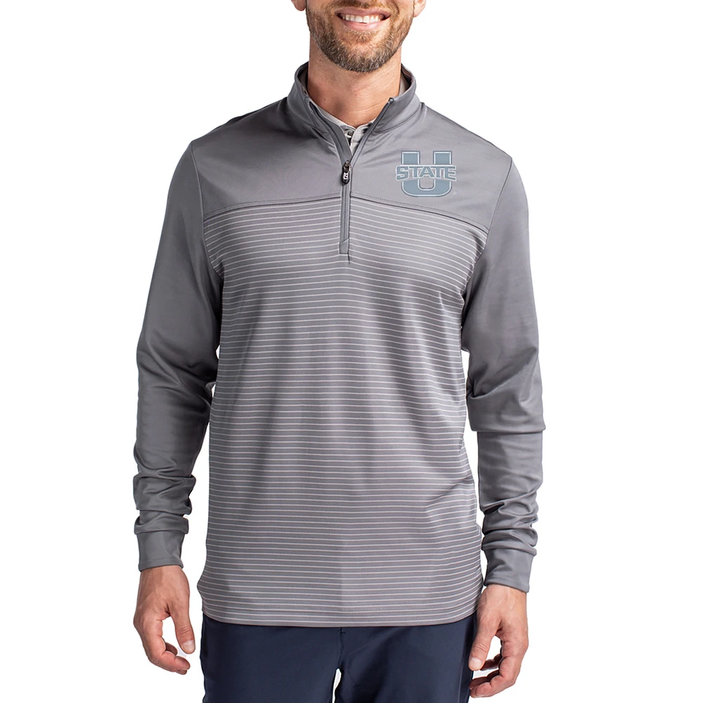 Men's Cutter & Buck Gray Utah State Aggies Traverse Stretch Eco Stripe DryTec Tri-Blend Quarter-Zip Pullover