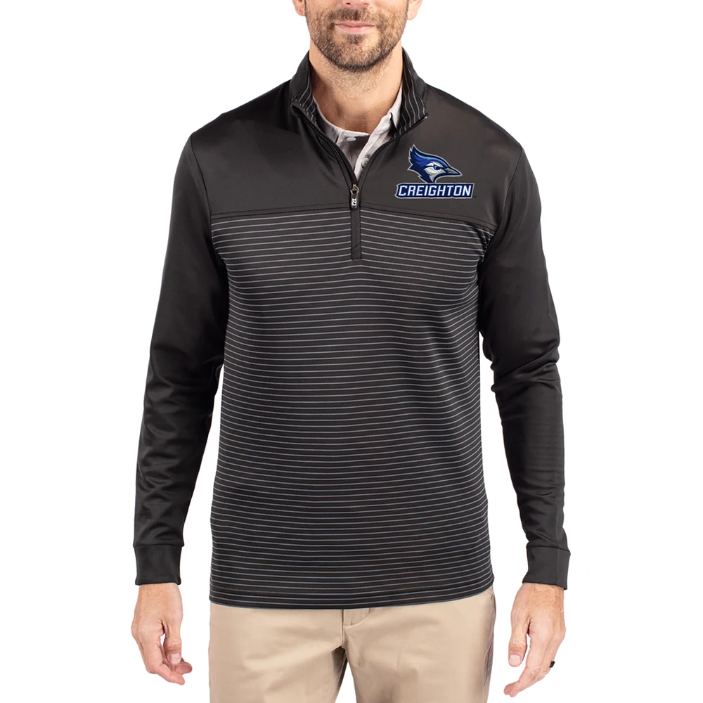 Men's Cutter & Buck Creighton Bluejays Traverse Stretch Eco Stripe DryTec Tri-Blend Quarter-Zip Pullover