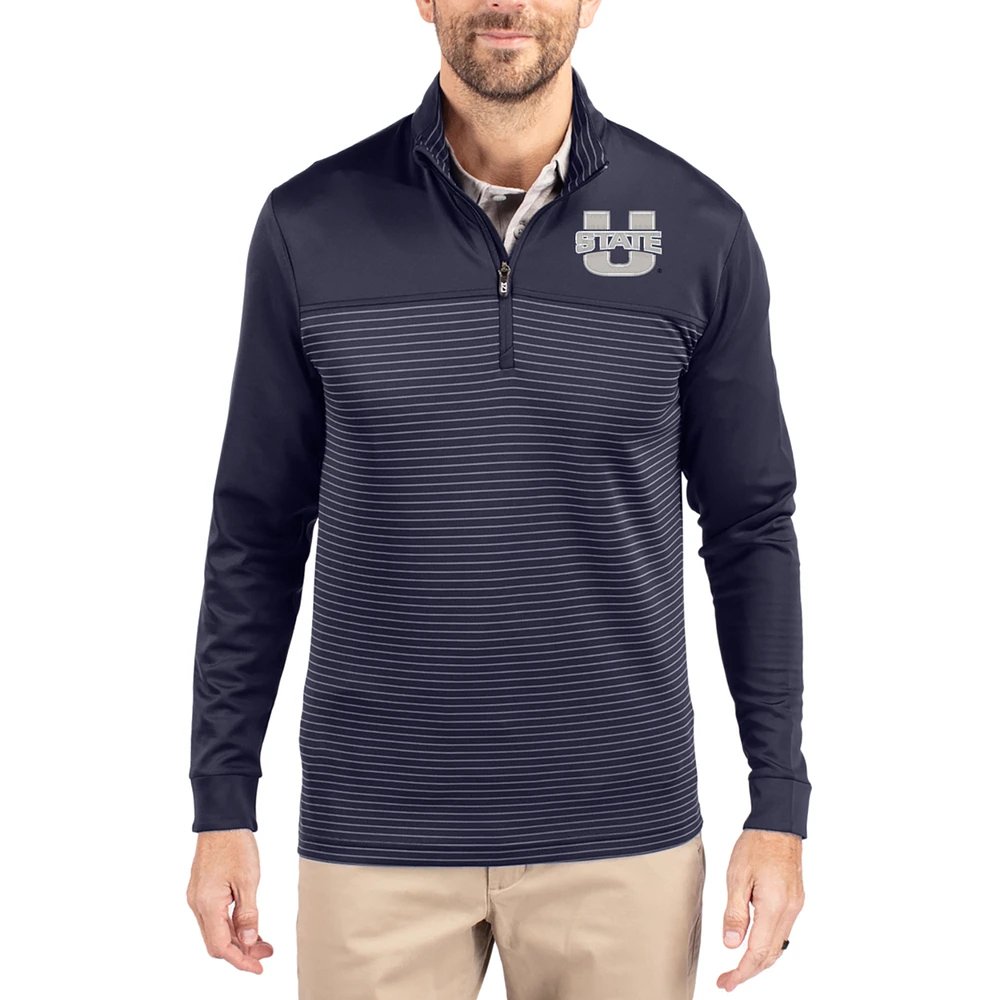 Men's Cutter & Buck Navy Utah State Aggies Traverse Stretch Eco Stripe DryTec Tri-Blend Quarter-Zip Pullover