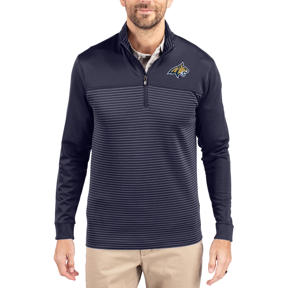 Men's Cutter & Buck Navy Montana State Bobcats Traverse Stretch Eco Stripe DryTec Tri-Blend Quarter-Zip Pullover