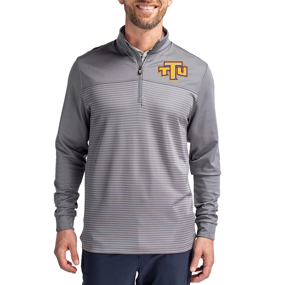 Men's Cutter & Buck Gray Tennessee Tech Golden Eagles Traverse Stretch Eco Stripe DryTec Tri-Blend Quarter-Zip Pullover