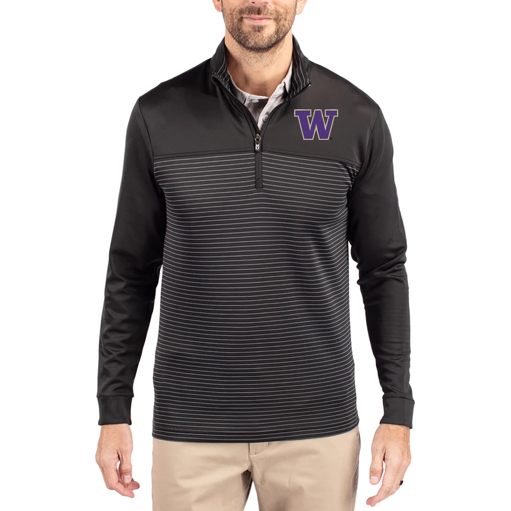 Men's Cutter & Buck Black Washington Huskies Traverse Stretch Eco Stripe DryTec Tri-Blend Quarter-Zip Pullover