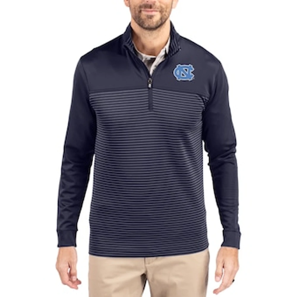 Men's Cutter & Buck Navy North Carolina Tar Heels Traverse Stretch Eco Stripe DryTec Tri-Blend Quarter-Zip Pullover