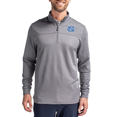 Men's Cutter & Buck Gray North Carolina Tar Heels Traverse Stretch Eco Stripe DryTec Tri-Blend Quarter-Zip Pullover