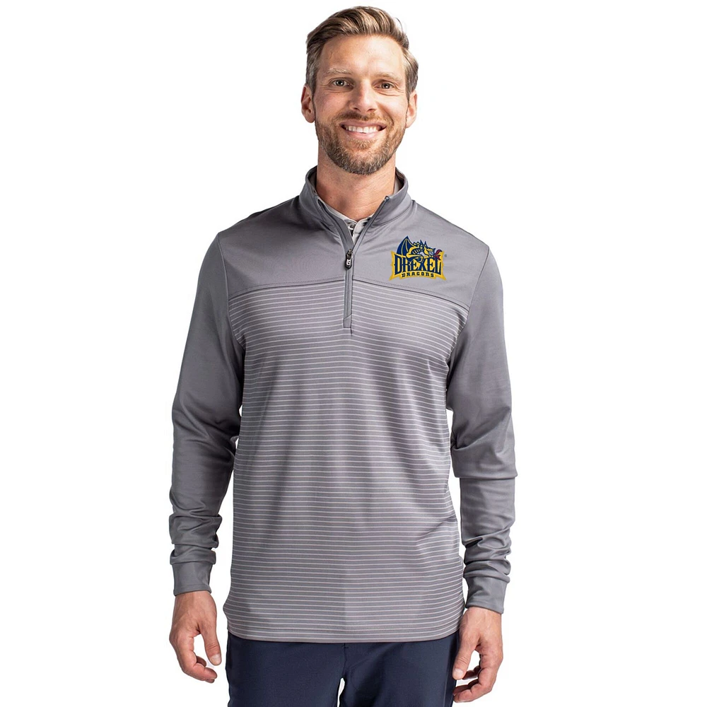 Men's Cutter & Buck Gray Drexel Dragons Traverse Stretch Eco Stripe DryTec Tri-Blend Quarter-Zip Pullover