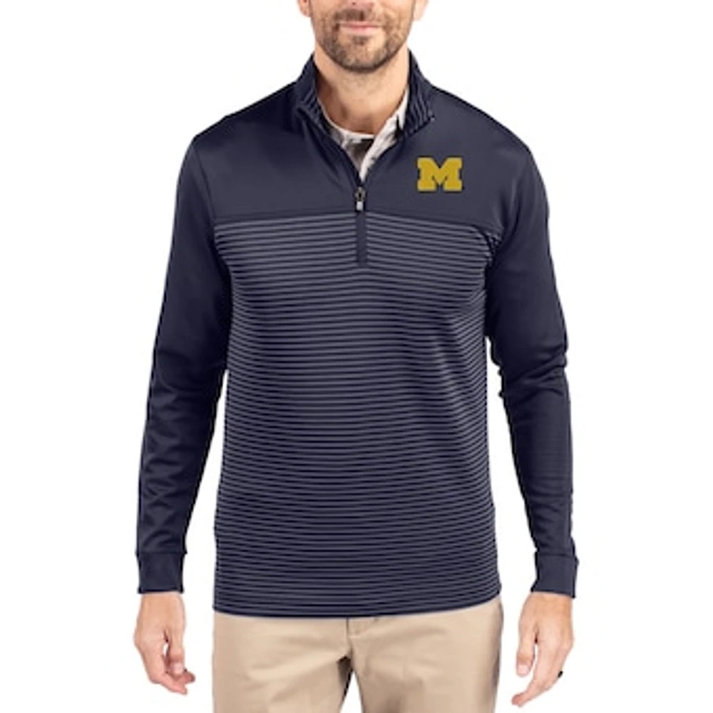 Men's Cutter & Buck Navy Michigan Wolverines Traverse Stretch Eco Stripe DryTec Tri-Blend Quarter-Zip Pullover