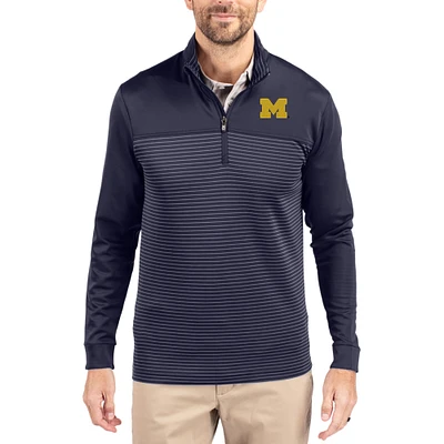 Men's Cutter & Buck Navy Michigan Wolverines Traverse Stretch Eco Stripe DryTec Tri-Blend Quarter-Zip Pullover