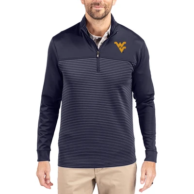 Men's Cutter & Buck Navy West Virginia Mountaineers Traverse Stretch Eco Stripe DryTec Tri-Blend Quarter-Zip Pullover