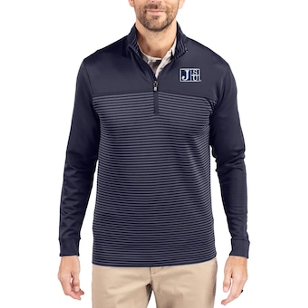 Men's Cutter & Buck Navy Jackson State Tigers Traverse Stretch Eco Stripe DryTec Tri-Blend Quarter-Zip Pullover