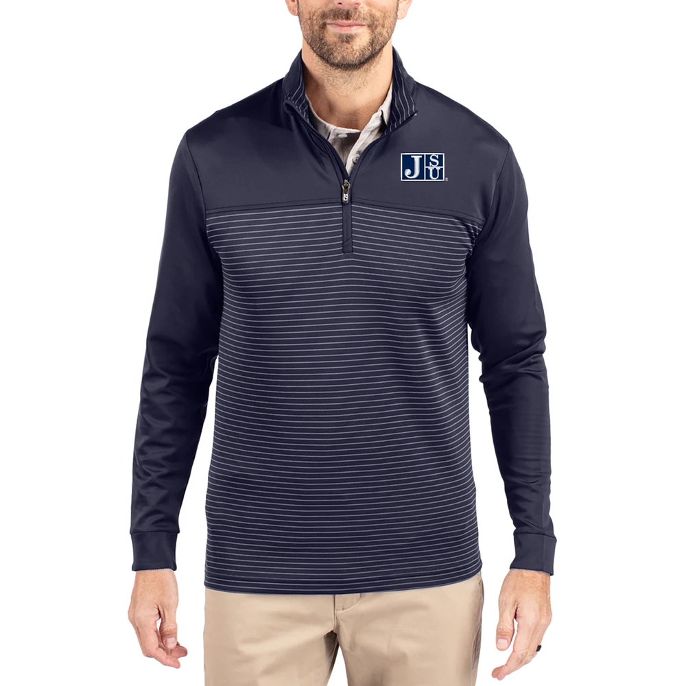 Men's Cutter & Buck Navy Jackson State Tigers Traverse Stretch Eco Stripe DryTec Tri-Blend Quarter-Zip Pullover
