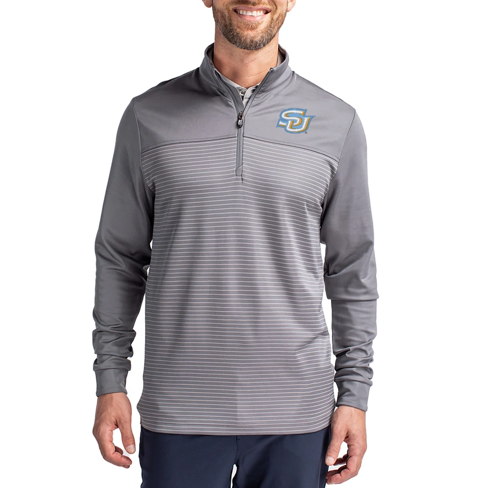Men's Cutter & Buck Southern University Jaguars Traverse Stretch Eco Stripe DryTec Tri-Blend Quarter-Zip Pullover