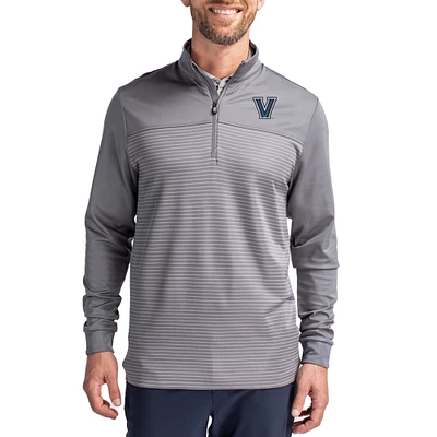 Men's Cutter & Buck Gray Villanova Wildcats Traverse Stretch Eco Stripe DryTec Tri-Blend Quarter-Zip Pullover