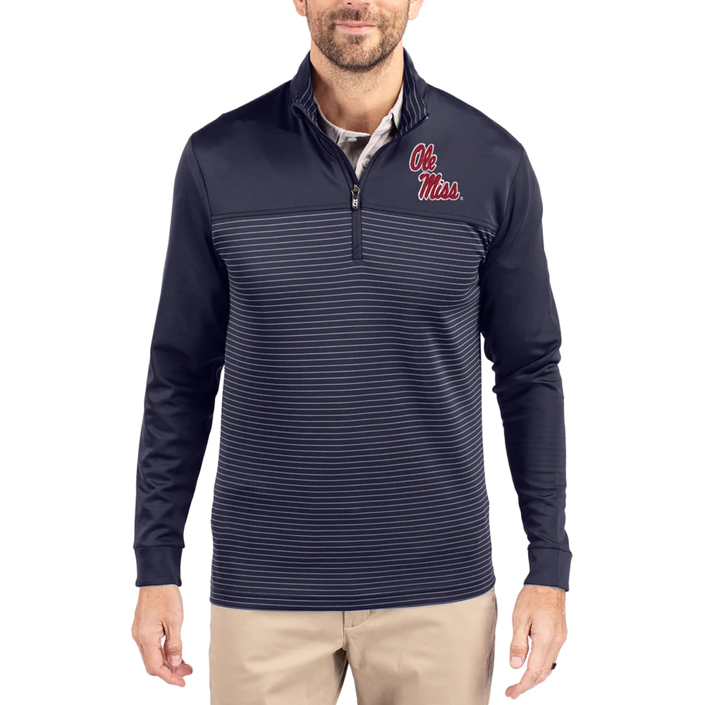 Men's Cutter & Buck Navy Ole Miss Rebels Traverse Stretch Eco Stripe DryTec Tri-Blend Quarter-Zip Pullover