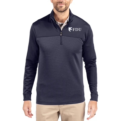 Men's Cutter & Buck Navy Fairleigh Dickinson Knights Traverse Stretch Eco Stripe DryTec Tri-Blend Quarter-Zip Pullover