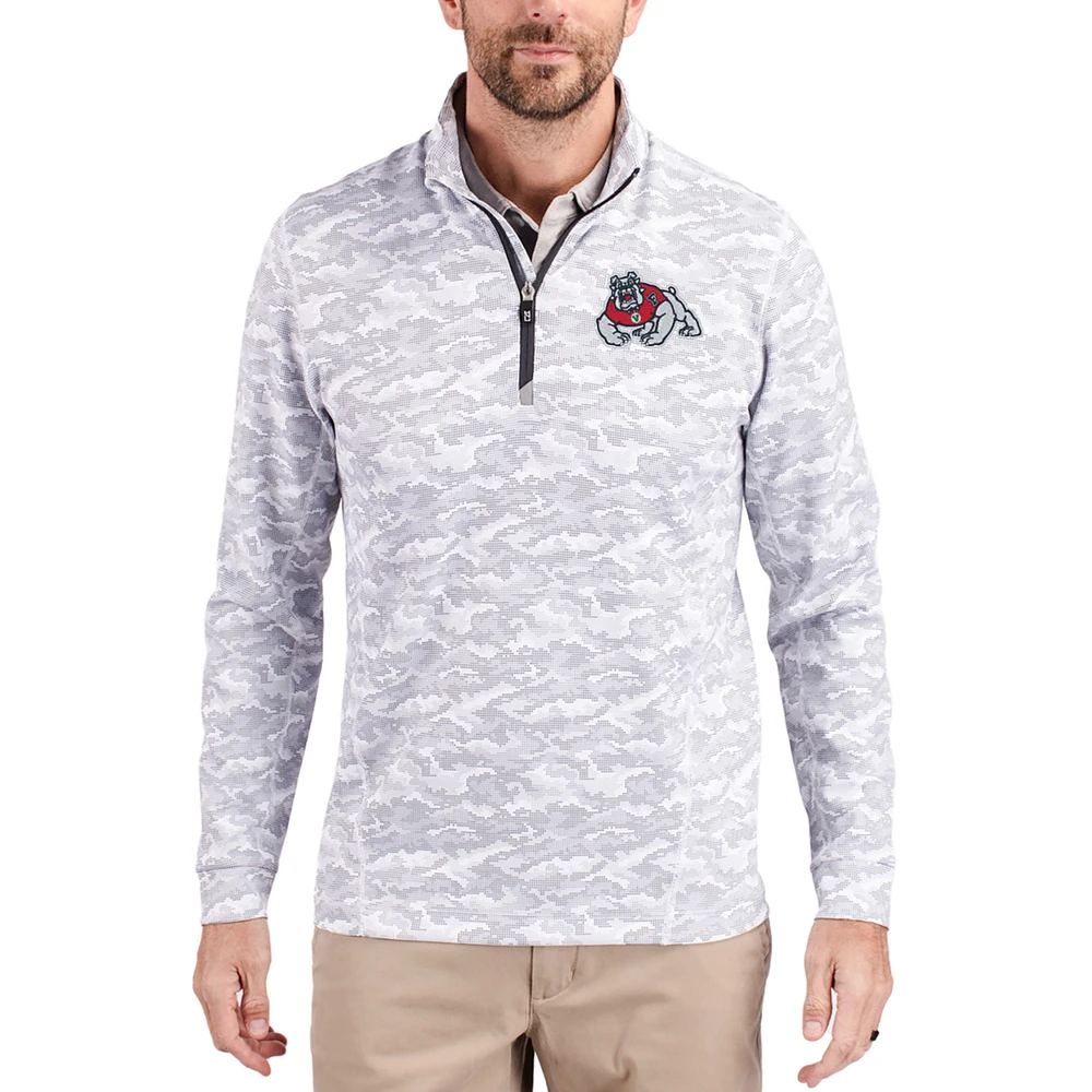 Men's Cutter & Buck Gray Fresno State Bulldogs Traverse Stretch Eco Camo DryTec Tri-Blend Quarter-Zip Pullover