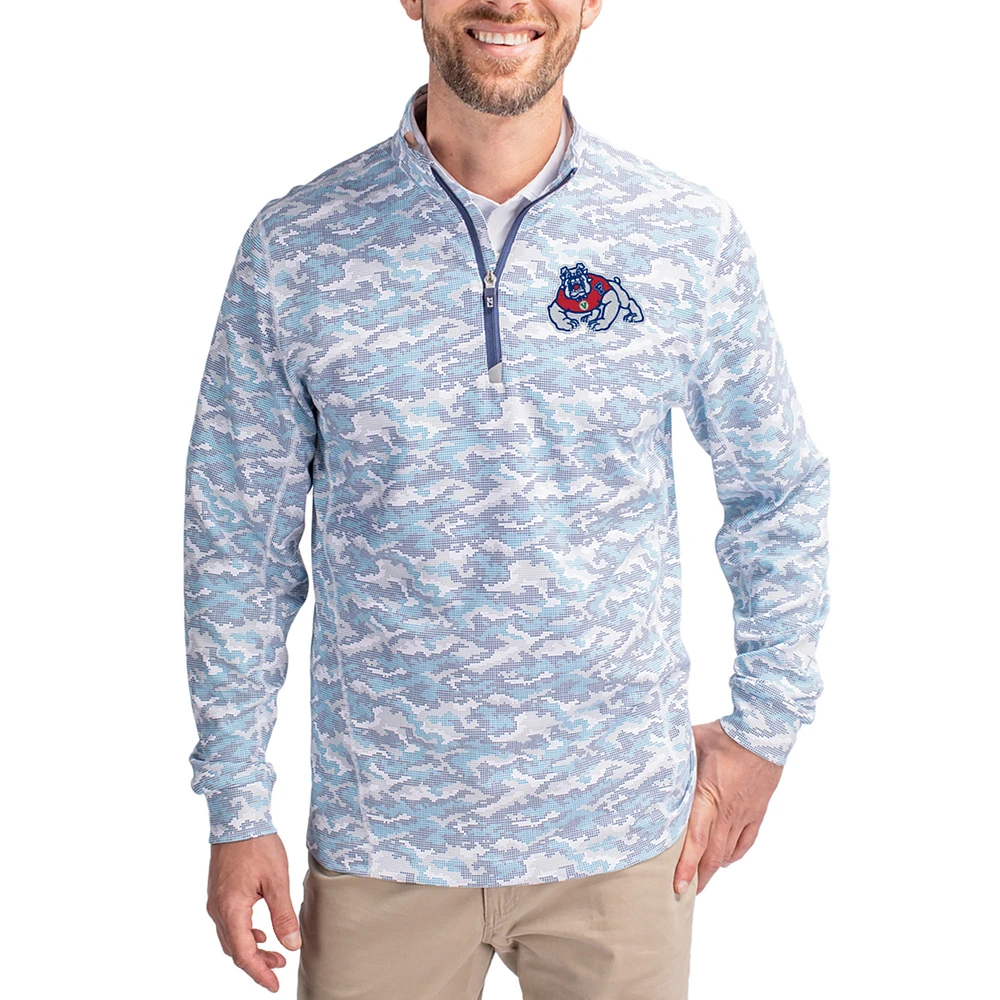Men's Cutter & Buck Navy Fresno State Bulldogs Traverse Stretch Eco Camo DryTec Tri-Blend Quarter-Zip Pullover
