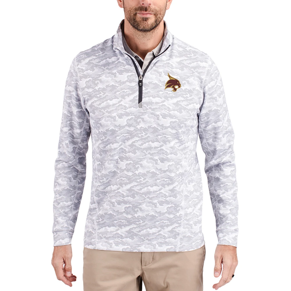 Men's Cutter & Buck Gray Texas State Bobcats Traverse Stretch Eco Camo DryTec Tri-Blend Quarter-Zip Pullover