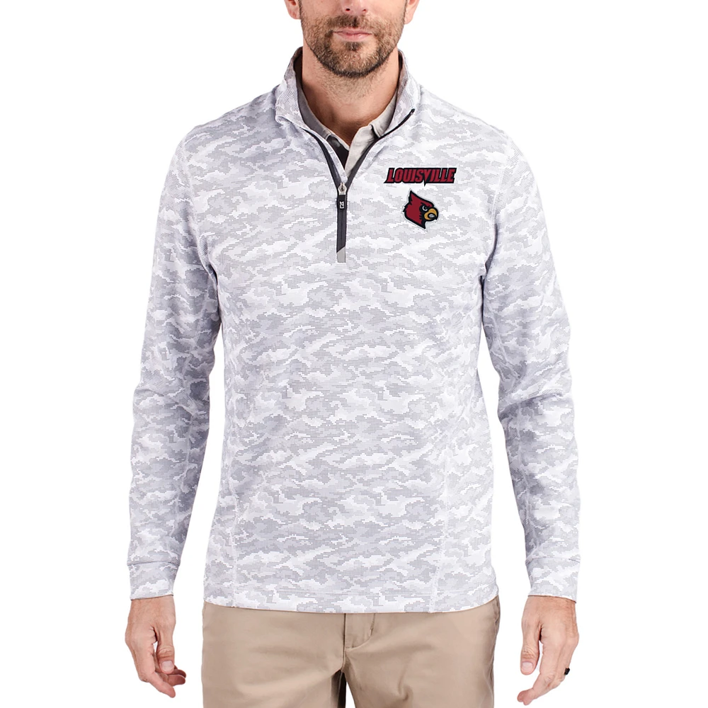 Men's Cutter & Buck Gray Louisville Cardinals Traverse Stretch Eco Camo DryTec Tri-Blend Quarter-Zip Pullover