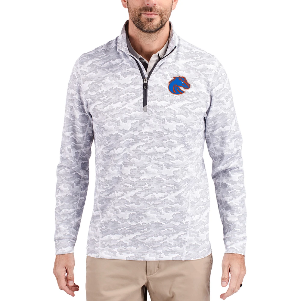 Men's Cutter & Buck Gray Boise State Broncos Traverse Stretch Eco Camo DryTec Tri-Blend Quarter-Zip Pullover