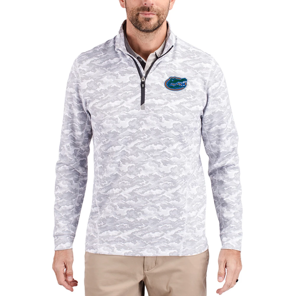 Men's Cutter & Buck Gray Florida Gators Traverse Stretch Eco Camo DryTec Tri-Blend Quarter-Zip Pullover