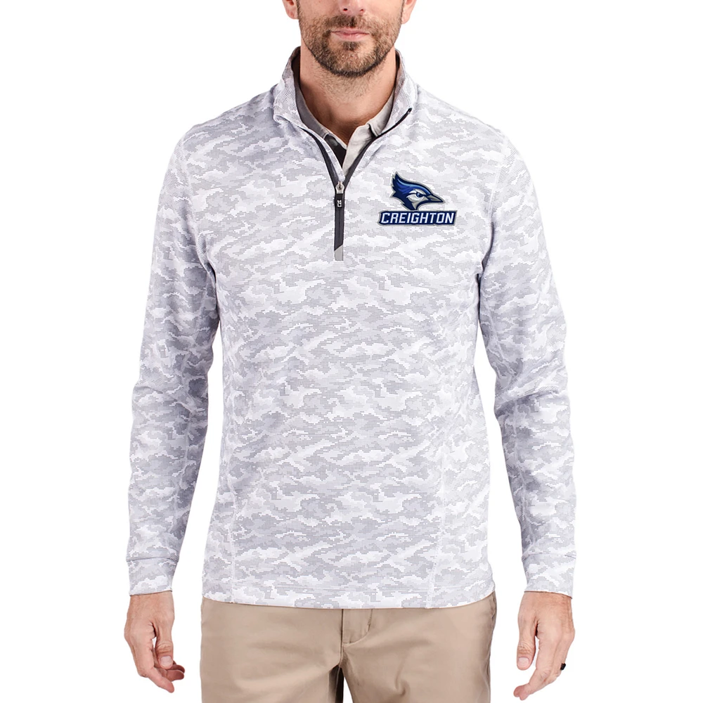 Men's Cutter & Buck Gray Creighton Bluejays Traverse Stretch Eco Camo DryTec Tri-Blend Quarter-Zip Pullover