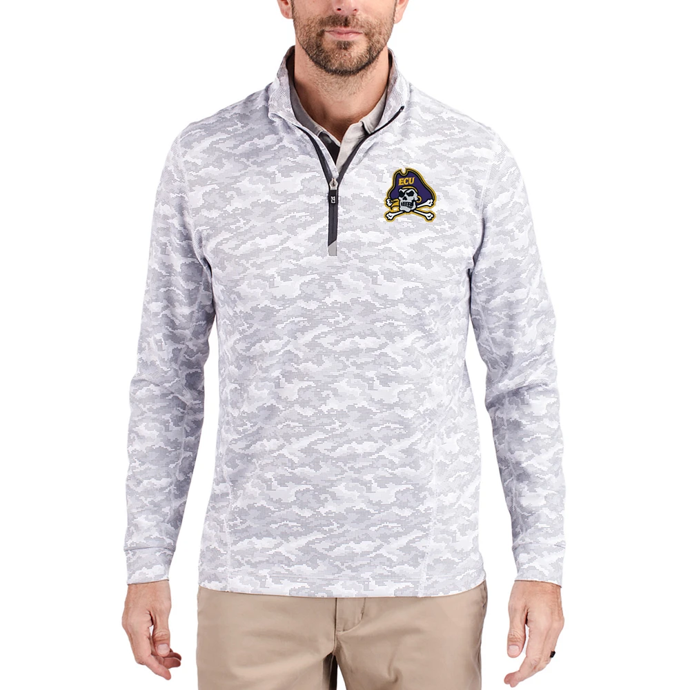 Men's Cutter & Buck Gray ECU Pirates Traverse Stretch Eco Camo DryTec Tri-Blend Quarter-Zip Pullover