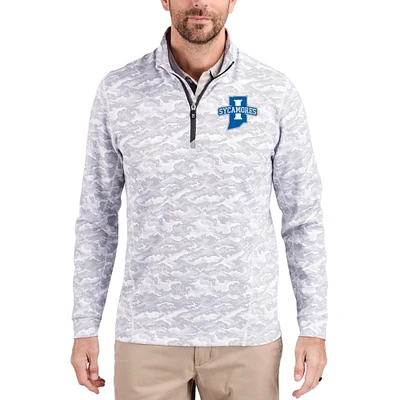 Men's Cutter & Buck Gray Indiana State Sycamores Traverse Stretch Eco Camo DryTec Tri-Blend Quarter-Zip Pullover