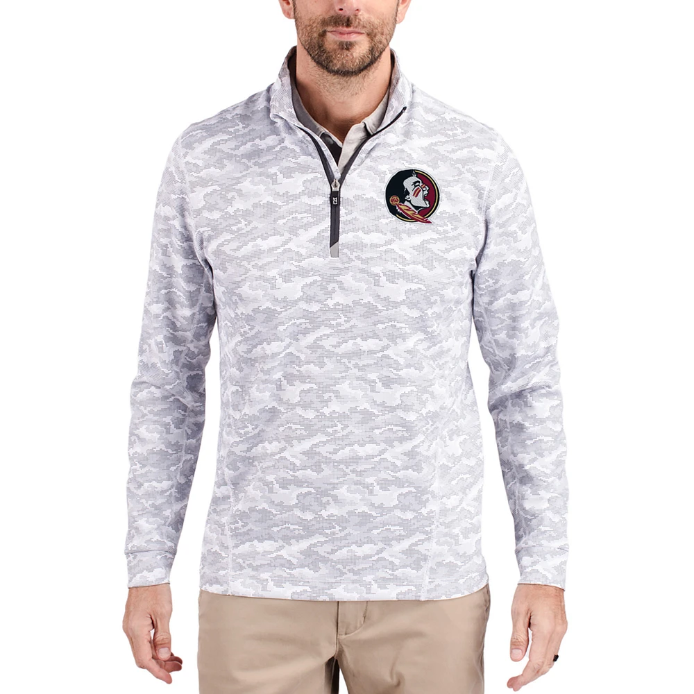 Men's Cutter & Buck Gray Florida State Seminoles Traverse Stretch Eco Camo DryTec Tri-Blend Quarter-Zip Pullover