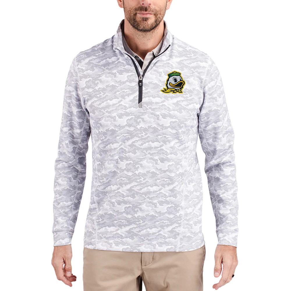 Men's Cutter & Buck Gray Oregon Ducks Traverse Stretch Eco Camo DryTec Tri-Blend Quarter-Zip Pullover