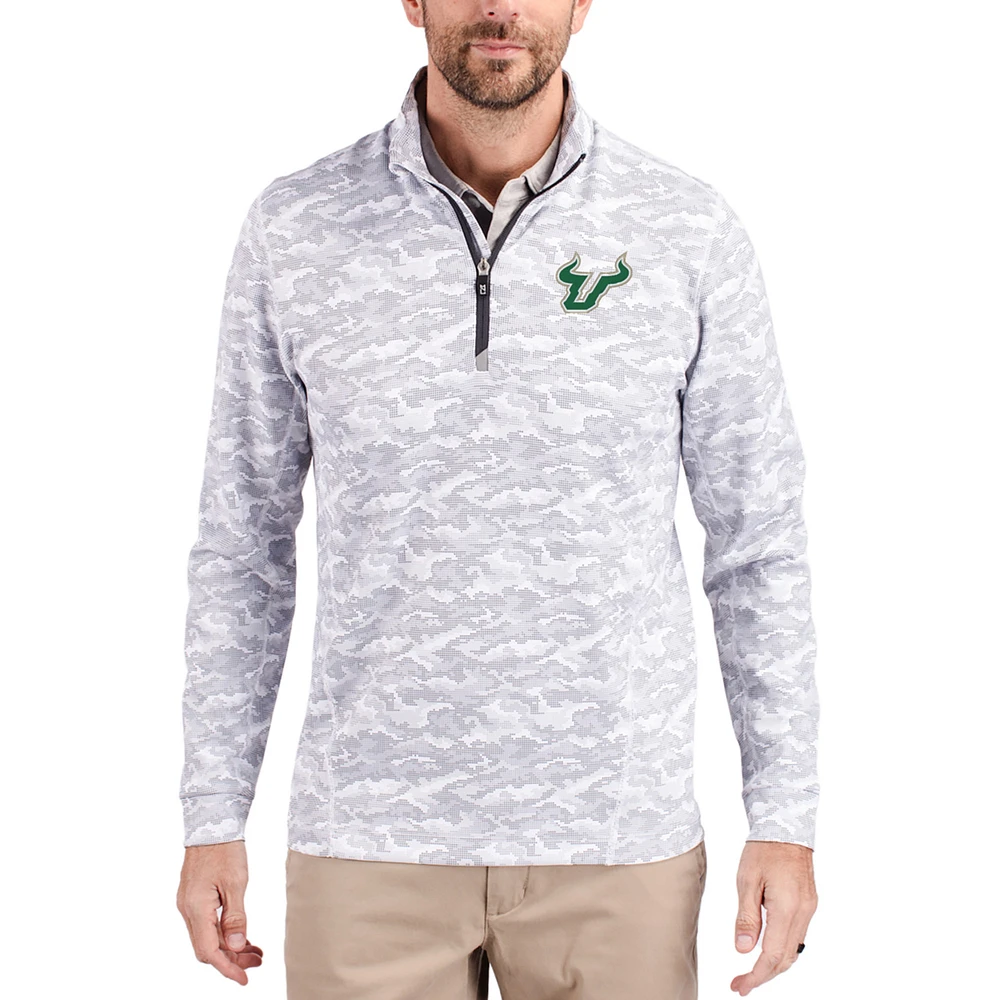 Men's Cutter & Buck Gray South Florida Bulls Traverse Stretch Eco Camo DryTec Tri-Blend Quarter-Zip Pullover