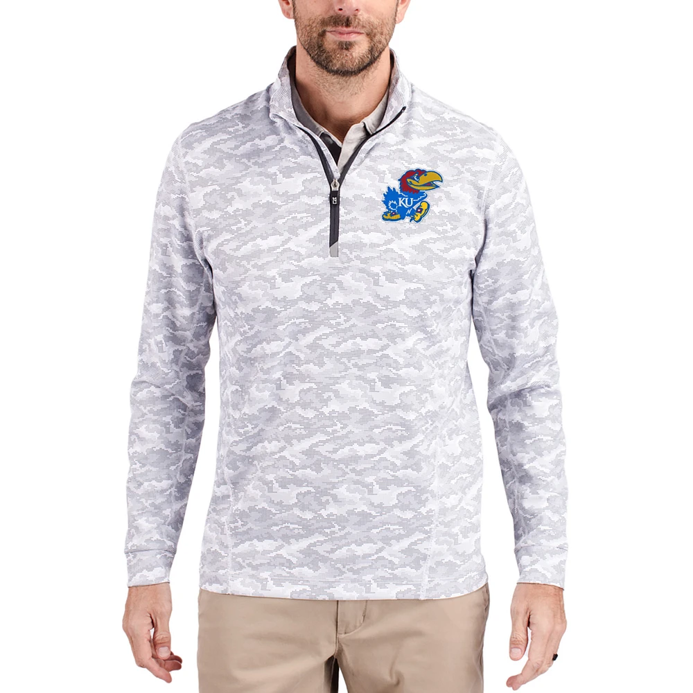Men's Cutter & Buck Gray Kansas Jayhawks Traverse Stretch Eco Camo DryTec Tri-Blend Quarter-Zip Pullover