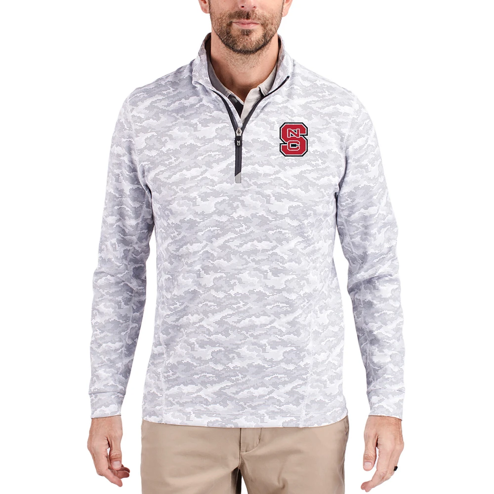 Men's Cutter & Buck Gray NC State Wolfpack Traverse Stretch Eco Camo DryTec Tri-Blend Quarter-Zip Pullover
