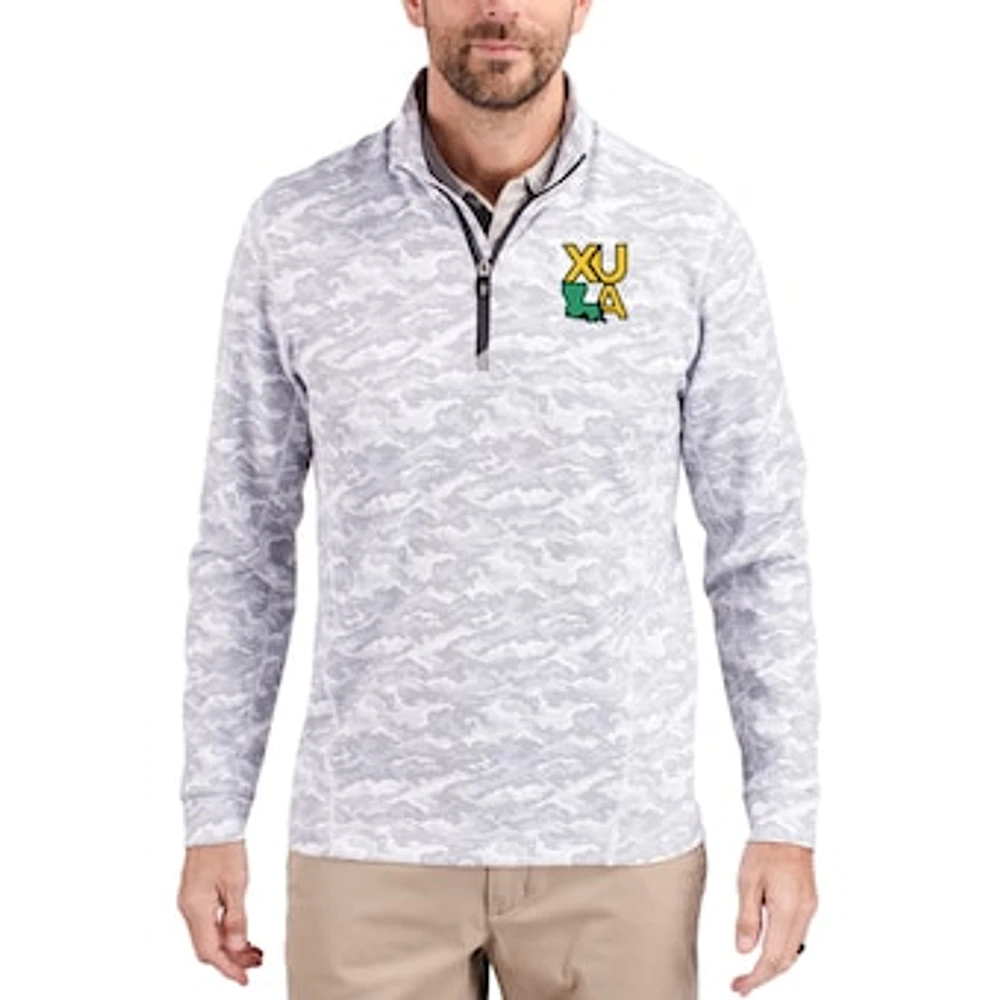 Men's Cutter & Buck Gray Xavier University of Louisiana Gold Rush Traverse Stretch Eco Camo DryTec Tri-Blend Quarter-Zip Pullover