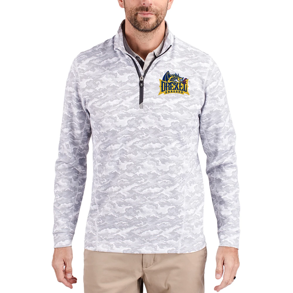 Men's Cutter & Buck Gray Drexel Dragons Traverse Stretch Eco Camo DryTec Tri-Blend Quarter-Zip Pullover