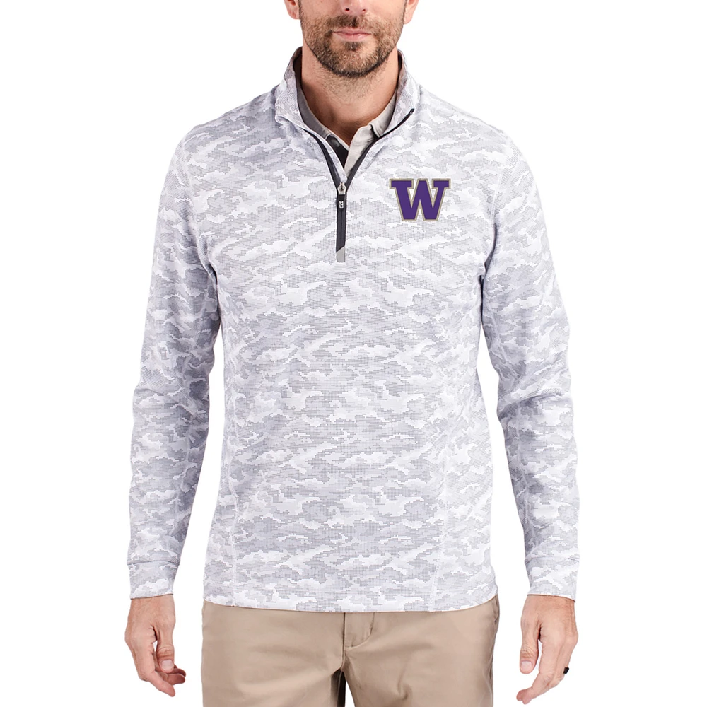 Men's Cutter & Buck Gray Washington Huskies Traverse Stretch Eco Camo DryTec Tri-Blend Quarter-Zip Pullover