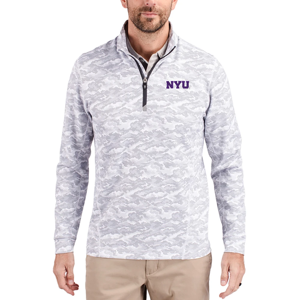 Men's Cutter & Buck Gray NYU Violets Traverse Stretch Eco Camo DryTec Tri-Blend Quarter-Zip Pullover