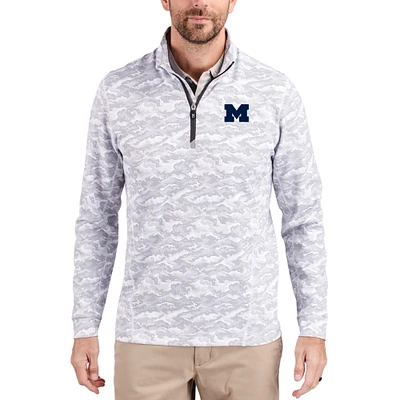 Men's Cutter & Buck Gray Michigan Wolverines Traverse Stretch Eco Camo DryTec Tri-Blend Quarter-Zip Pullover
