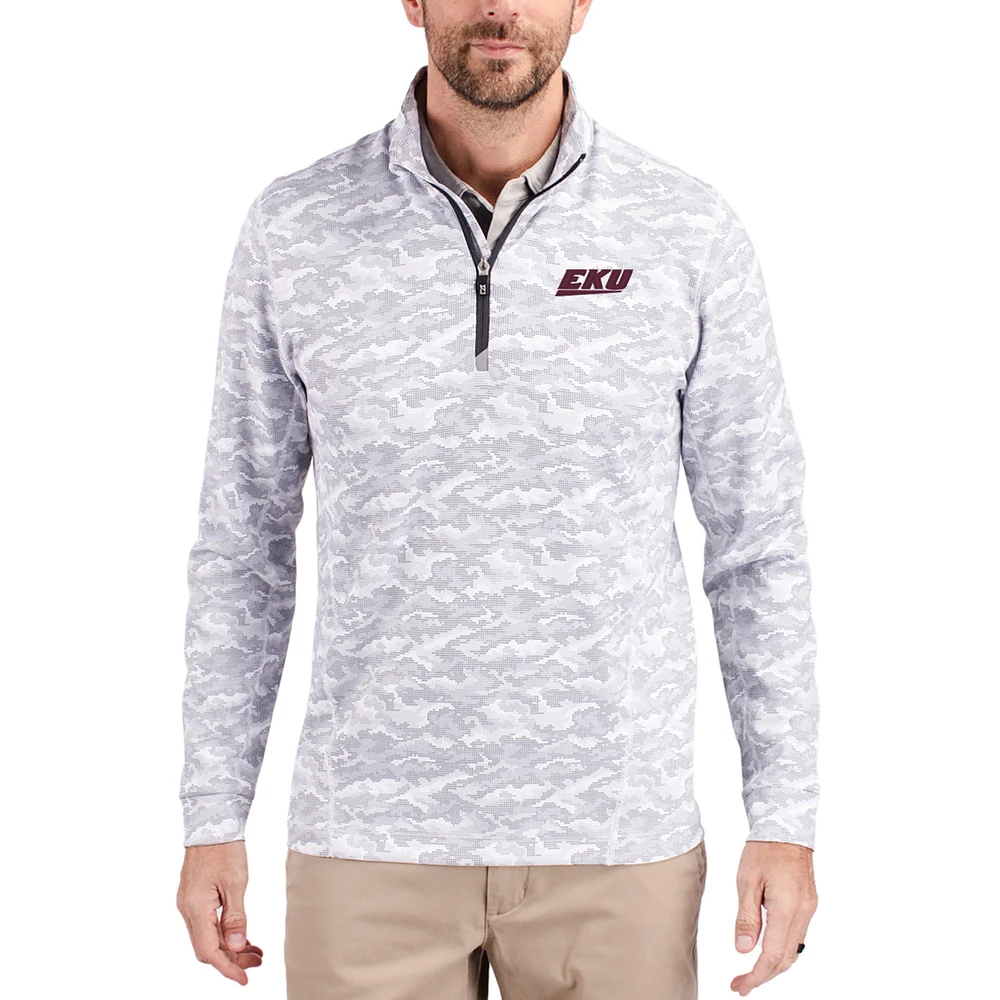 Men's Cutter & Buck Gray Eastern Kentucky Colonels Traverse Stretch Eco Camo DryTec Tri-Blend Quarter-Zip Pullover