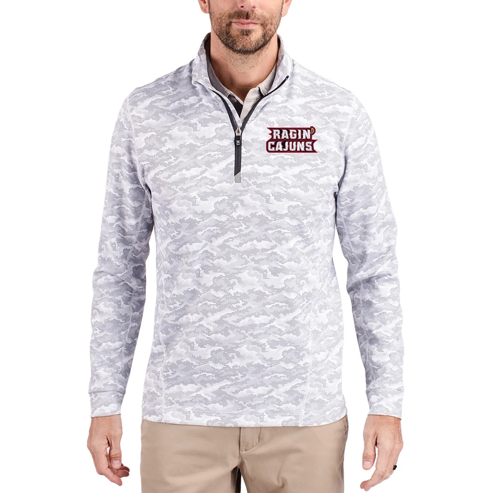 Men's Cutter & Buck Gray Louisiana Ragin' Cajuns Traverse Stretch Eco Camo DryTec Tri-Blend Quarter-Zip Pullover