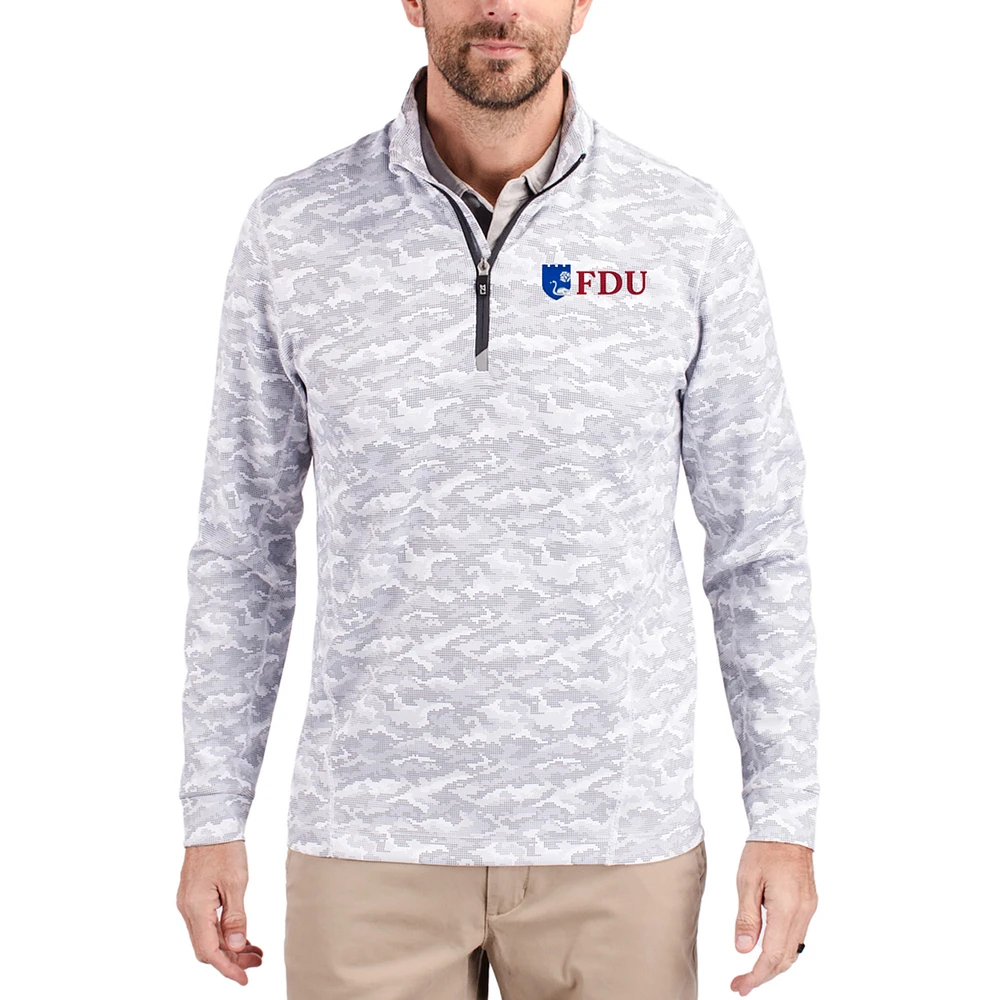 Men's Cutter & Buck Gray Fairleigh Dickinson Knights Traverse Stretch Eco Camo DryTec Tri-Blend Quarter-Zip Pullover