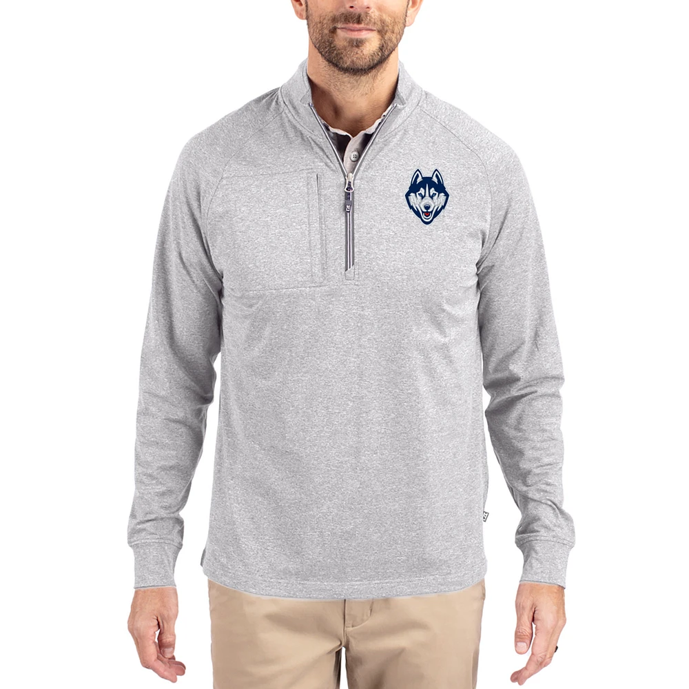 Women's Cutter & Buck Heather Gray UConn Huskies Adapt Eco Knit Stretch Recycled DryTec Raglan Quarter-Zip Pullover